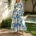 French Vacation Style Floral Print Dress for Women Tie Neck Waist Belt Asymmetrical Ruffle Hem Skirt for Outdoor Photoshoot
