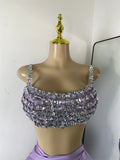 Sparkly Rhinestone Diamonds High Split Two Pieces Women Sexy Outfit Night Club Skirt Suits Dancer Singer Performance Costume