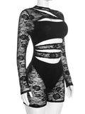 Hollow Romper Women Sexy Wild Cross Jacquard Lace Patchwork Full Sleeve Stretch Fashion Street Party Club Playsuits