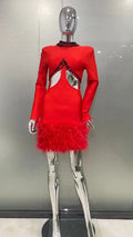 2026 Luxury Ostrich Feather Glam Hollow Red Bandage Dress Christmas Party Dinner Performance Wear Cocktail Formal Evening Gown