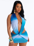 Colorful Gradient Print Dress Women Backless Sleeveless Halter Deep v-Neck Mesh Folds Summer Fashion Mini Bodycon