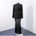 Elegant Solid Blazer Skirt Set Women Slim One Button Suit Jacket Pleated See Through Fishtail Skirts Spring Lady Party Suit