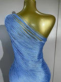 Women Elegant Evening Party Cocktail Club Prom Gowns Birthday Dress Sexy One Shoulder Tassels Sky Blue Bodycon Bandage Dress