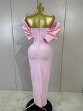 Shiny Rhinestones Pleat Pink Off The Shoulder Bodycon Long Bandage Dress Celebrate Evening Party Luxury Birthday Wedding Dress