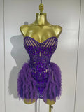 Sexy Purple Mesh See Through Purple Long Sleeves Mini Dress Luxury  Diamonds Birthday Evening Party Bar Nightclub Stage Costume
