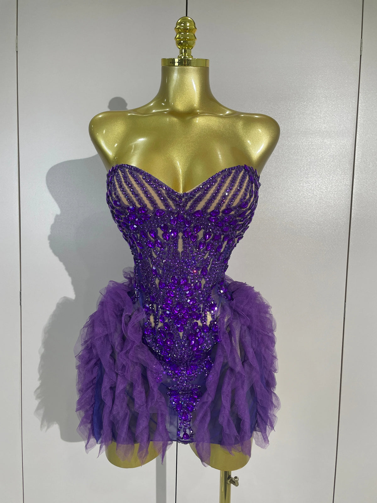 Sexy Purple Mesh See Through Purple Long Sleeves Mini Dress Luxury  Diamonds Birthday Evening Party Bar Nightclub Stage Costume