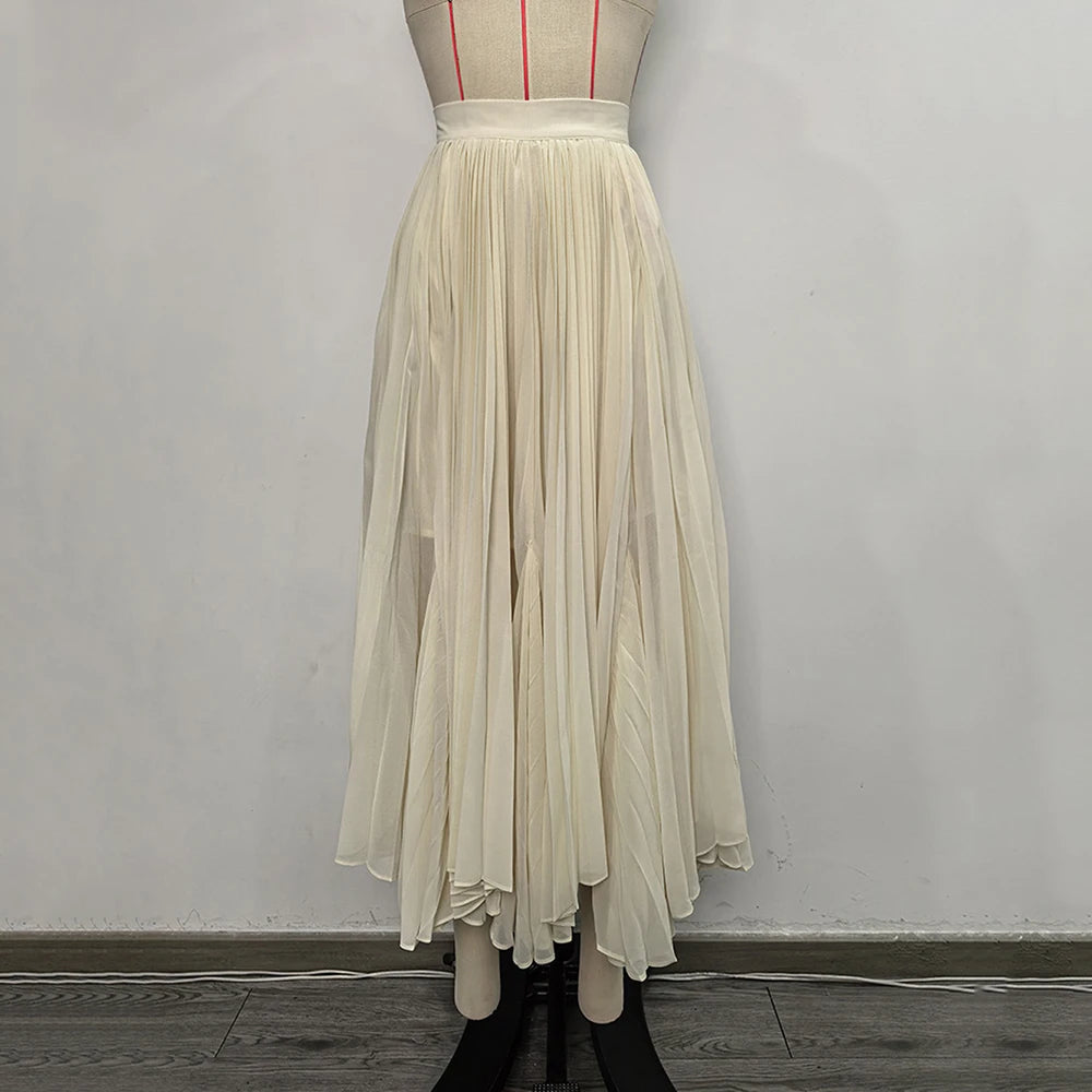 Solid Oversized Hemline Pleated Mesh Skirt Women High Waist Long Maxi Skirt Spring Summer Party Women'S Clothing