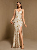Women's V Neck Backless Lace Up Sequin Mermaid Formal Evening Dress Spaghetti Strap Bodycon Prom Party Cocktail Maxi Gown