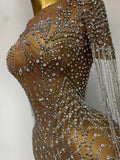 Luxury Sparkly Rhinestones Tassel Transparent Mesh Stretch Long Dress Women Evening Celebrate Birthday Dress Sexy Stage Costumes