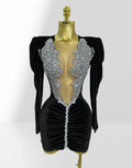 Women's Luxury Rhinestone Glam Low-cut Hip-hugging Black Velvet Dress Fashion Party Performance Gown Robe Femme Chic Et Élégante