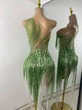 Luxury Crystals Diamonds Evening Party Dress Women Sexy Halter See Through Mesh Birthday Gowns Nightclub Singer Stage Wear