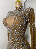 Sparkly Rhinestone Women Sexy Mesh See Through Floor Length Long Sleeve Birthday Dress Party Nightclub Stage Wear