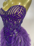 Sexy Purple Mesh See Through Purple Long Sleeves Mini Dress Luxury  Diamonds Birthday Evening Party Bar Nightclub Stage Costume