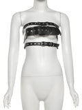 Sexy PU Leather Tank Top Women Hollow Metal Buckle Sleeveless Coquette Midnight Party Clubwear Hottie Punk Style Vest