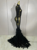 New Sexy Sparkling Red Crystals Feathers Long Sleeve Mermaid Maxi Dress Women Wedding Celebrate Luxury Birthday Party Prom Gown