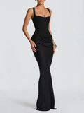 Sexy White Satin Maxi Dresses for Women Square Collar Sleeveless Tunic Fishtail Classic Dinner Dress Female Fashion