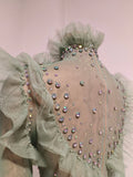 Women Eveing Party Birthday Dance Nightclub Stage Wear Sexy Sparkly Rhinestone Ruffled Long Sleeves Mesh See Through Mini Dress
