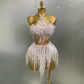 Sexy Pearl Sequins Tassel Sleeveless Glitter Mini Dress Women Singer Bar Nightclub Stage Performance Clothing Show Outfit
