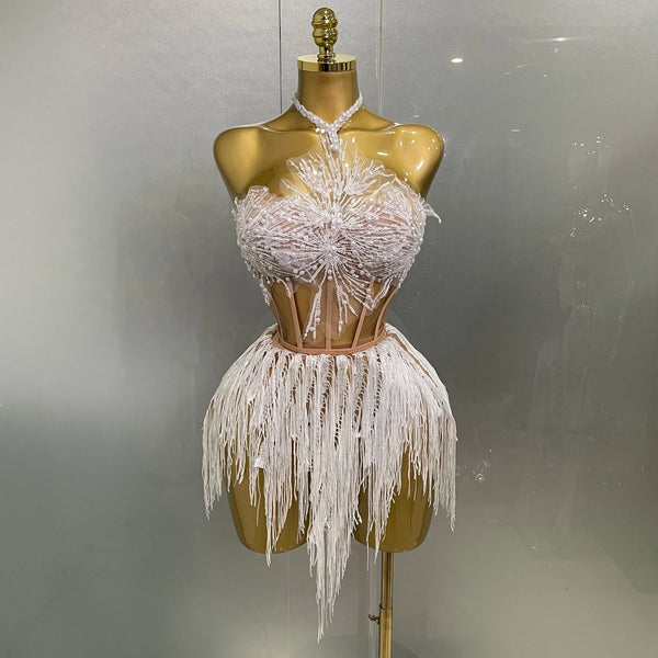 Sexy Pearl Sequins Tassel Sleeveless Glitter Mini Dress Women Singer Bar Nightclub Stage Performance Clothing Show Outfit