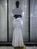 Luxury Women Sparkly Crystal Mesh See Through 2 Pieces Long Gowns Dress Elegant Evening Party Celebrity Red Carpet Outfit