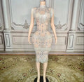 Silver Crystals Fringes Rhinestones Sexy Transparent Party Dress Natural for Birthday Prom Evening Bar Outfit Dancer Costume