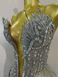 2026 Sexy Deep V Mesh See Through Mini Dress Women Sparkly Silver Diamonds Eveing Party Birthday Bar Nightclub Stage Costumes
