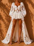 Fashion Style White Cutout Floral Accent Gown for Women Square Collar Puff Sleeve Asymmetric Train Skirt for Beach Elopement