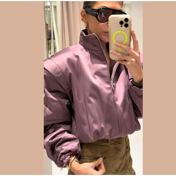 High Street Women's Bomber Jacket Coat Loose Fit Stand Collar Long Sleeve Crop Tops 2026 New Lady Outerwear Casual Daily Outfit