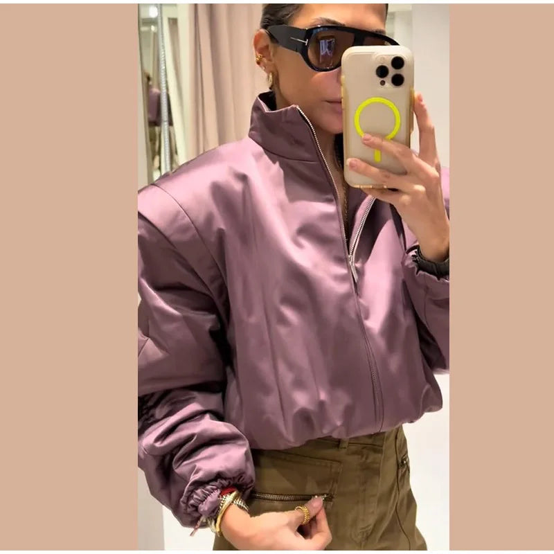 High Street Women's Bomber Jacket Coat Loose Fit Stand Collar Long Sleeve Crop Tops 2026 New Lady Outerwear Casual Daily Outfit