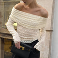 Chic Off The Shoulder Apricot Jacquard Knit T Shirt for Women Slimming Long Sleeve Ruched Design for Romantic Dates