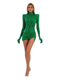 Women's Green Sequined Velvet Long Sleeve Turtleneck Mini Dress Fashion Hot Party Evening Stage Performance Gown Robes De Soirée