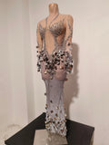 Women Sexy Sparkly Diamonds Sequins Long Sleeves Mesh See Through Long Dress Luxury Birthday Evening Party Nightclub Stage Wear