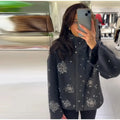 Solid Spliced Diamonds Loose Jackets for Women Stand Neck Long Sleeve Patchwork Pockets Coat Female New