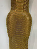 Women Sexy Sparkly Rhinestone Gold Maxi Dress Mesh See Through Evening Party Singer Stage Perform Costume Luxury Birthday Gown