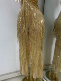Sparkly Diamonds Sequins Fringes Luxury Jumpsuit Gold Sleeveless Mesh Performance Dance Costume Nightclub Singer Stage Rompers