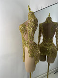 Sparkly Sequins  Gold Silver Mini Dress Women Sexy Split Nightclub Party Performance Dresses Birthday Celerbity Stage Outfit