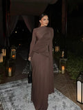 Irregular Brown Lace Uppleated Maxi Dresses Elegant Women's Full Sleeve Slim Fit Patchwork Robes 2025 New Evening Party Gowns