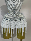Sparkly Silver Rhinestones Tassels White Bodysuit Dress Women Sexy Eveing Party Dancer Nightclub Stage Team Performance Costume