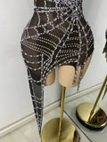 Sparkly Rhinestone Shining Women Sexy Bodycon See Through Irregular Hem Mini Dress Birthday Party Performance Costume