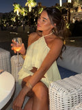 Ruched Elegant 2 Piece Set Woman Tierred Design Halter Backless Irregular Tops+Mini Shorts Beach Party Style Suits