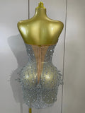 2026 Sexy Deep V Mesh See Through Mini Dress Women Sparkly Silver Diamonds Eveing Party Birthday Bar Nightclub Stage Costumes