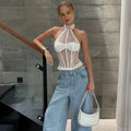White Lace Camisole Women's Summer Sexy See-through Lace Patchwork Bodycon Tank Top Elegant Backless New Women's Tops