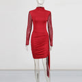 Solid Spliced Lace Up Dresses for Women O Neck Long Sleeve High Waist Temperament Slimming Dress Female