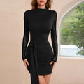 Solid Spliced Lace Up Dresses for Women O Neck Long Sleeve High Waist Temperament Slimming Dress Female