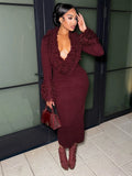 Knit Furry Patchwork Dress Women Deep V-Neck Sexy Elegant Christmas Party Winter Trend Stretch Skinny Maxi Bodycon
