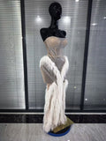 Women Sexy Strapless Sparkly Diamonds Tassel Mesh See Through Dress Celebrate Birthday Evening Party Nightclub Stage Costume
