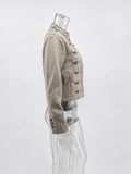 Women Double-Breasted Stand Collar Cropped Jacket Long-Sleeved Solid Zipper Metal Button Fashion Street Coat Autumn Winter