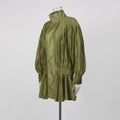 Olive Green Elegant Pleated Dress Women Fashion Solid Stand Neck Lantern Sleeve Double Breasted Loose Mini Dress Women