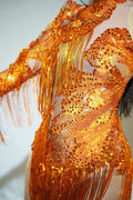 Sexy Skinny Leotard Singer Dancer Show StageWear Sparkly Blue Rhinestones Women DanceCostume Fringes One Shoulder Bodysuit  7G