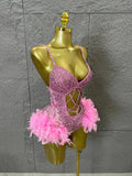 Glamorous Pink Sparkly Rhinestone Feather Trim Bodysuit Performance Costume Singer Stage Outfit Birthday Party Nightclub Wear